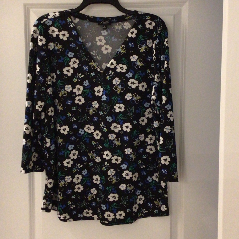 Jones New York Black Floral V-Neck Blouse 3/4 sleeve Size Large
